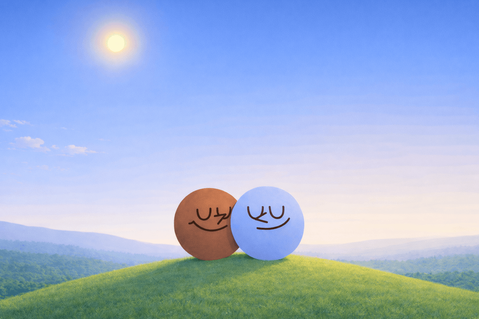 Two friendly spheres leaning together on a green hill
